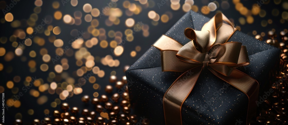 Black gift box with golden ribbon and bow on isolated dark bokeh background AI generated Black gift box with golden ribbon and bow on isolated dark bokeh background AI generated