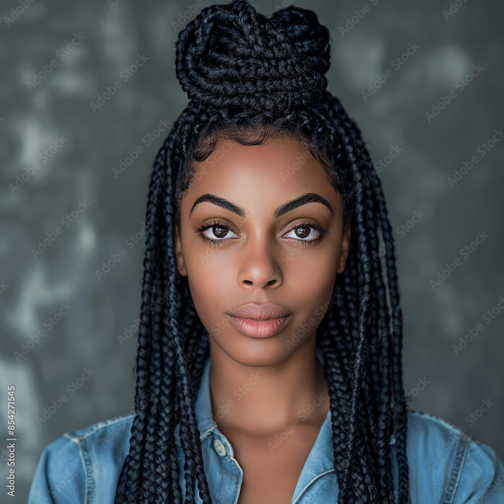 Portrait of a young African American woman with braids up in a bun, intense gaze, and wearing a denim shirt against a textured backdrop Portrait of a young African American woman with braids up in a bun, intense gaze, and wearing a denim shirt against a textured backdrop
