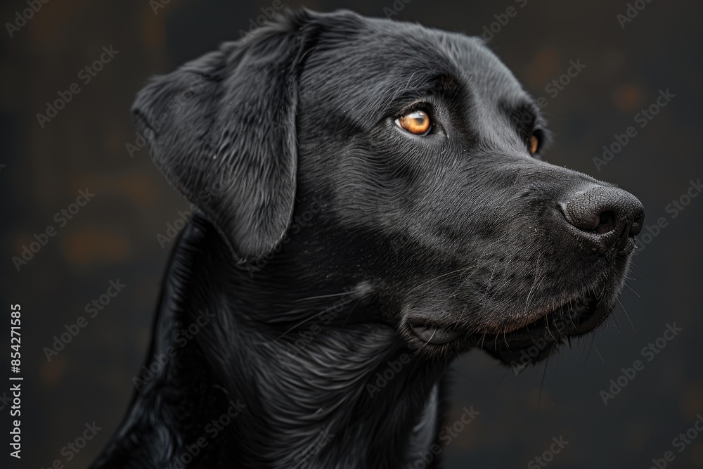 A black dog with a yellow eye stares at the camera. The dog's fur is wet and it is looking at the viewer A black dog with a yellow eye stares at the camera. The dog's fur is wet and it is looking at the viewer