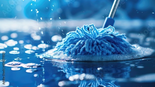A blue mop is in a puddle of water photo