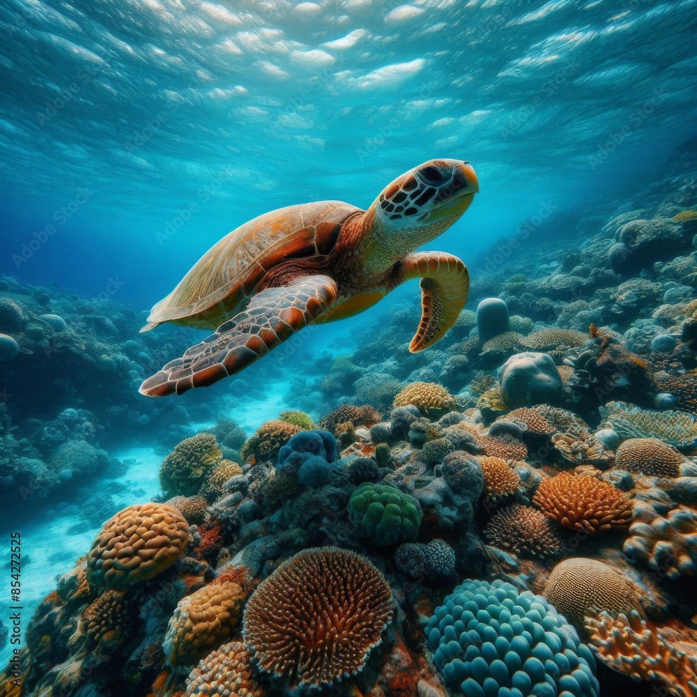 An image of a Hawaiian Green Sea Turtle gliding through the serene and warm waters of the Pacific Ocean in Hawaii, with colorful coral reefs in the background An image of a Hawaiian Green Sea Turtle gliding through the serene and warm waters of the Pacific Ocean in Hawaii, with colorful coral reefs in the background