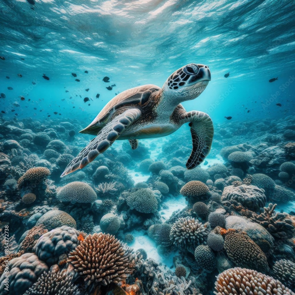 An image of a Hawaiian Green Sea Turtle gliding through the serene and warm waters of the Pacific Ocean in Hawaii, with colorful coral reefs in the background An image of a Hawaiian Green Sea Turtle gliding through the serene and warm waters of the Pacific Ocean in Hawaii, with colorful coral reefs in the background