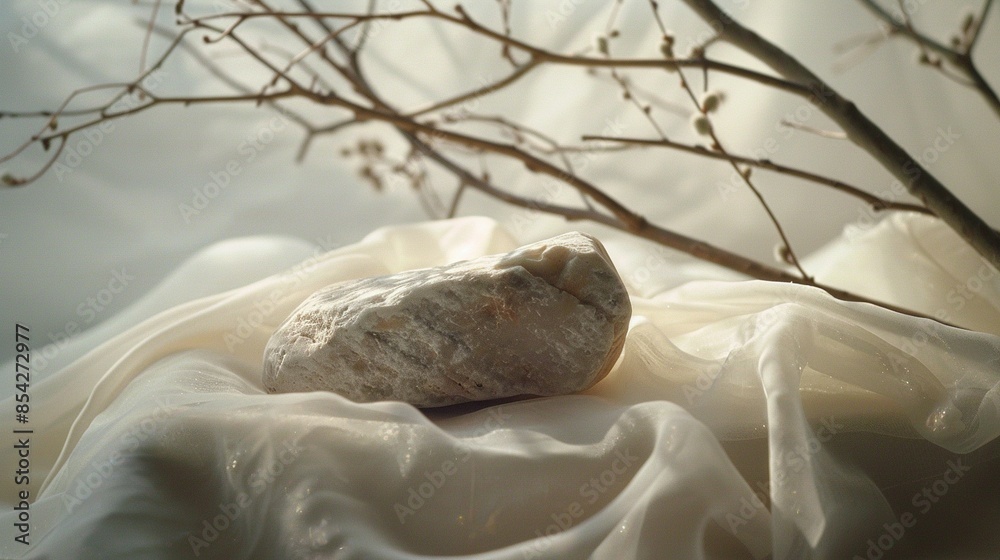 Obraz premium Softly Lit Scene with a Rock on Fabric and Delicate Branch Behind