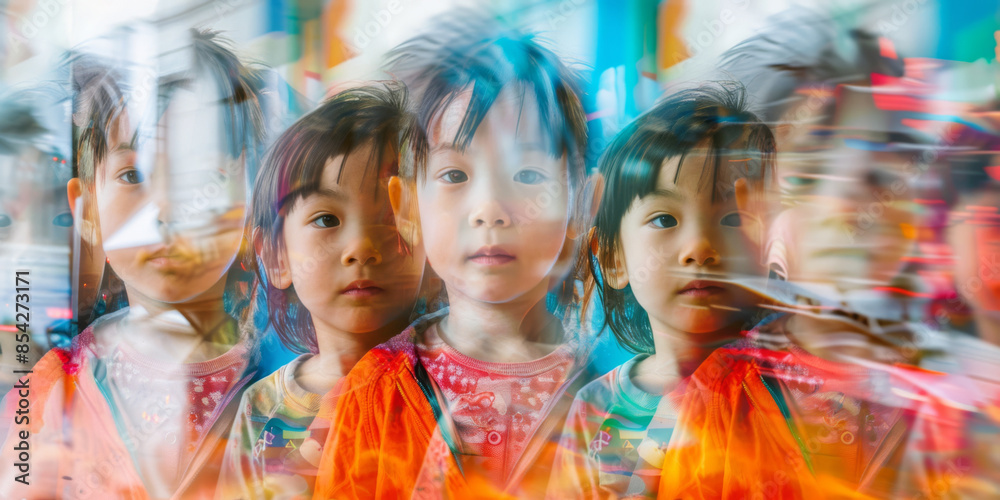 Double exposure with motion blur in kindergarten. Concept of childhood Double exposure with motion blur in kindergarten. Concept of childhood