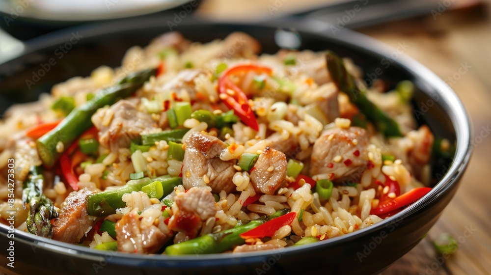 Chinese style stir fried rice with pork and asparagus