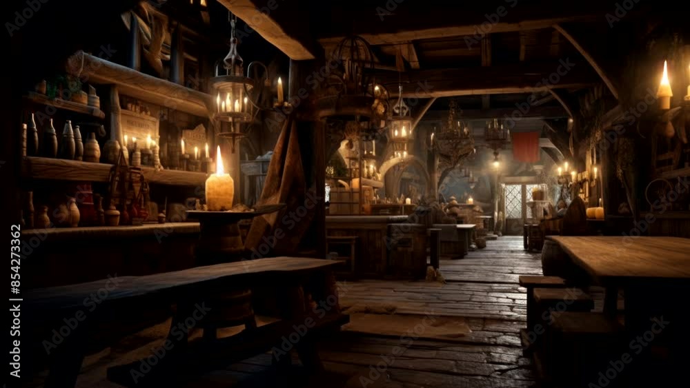 Cozy medieval bar interior with warm and relaxing atmosphere. Seamless looping video background