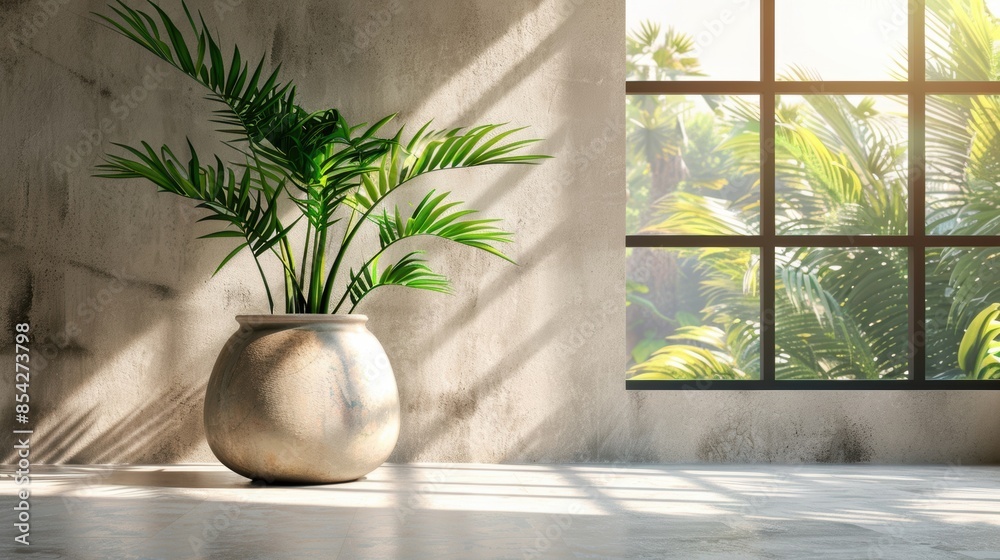 Bright room with a large green plant in a textured pot placed by a window, creating a sunlit and airy atmosphere. Bright room with a large green plant in a textured pot placed by a window, creating a sunlit and airy atmosphere.