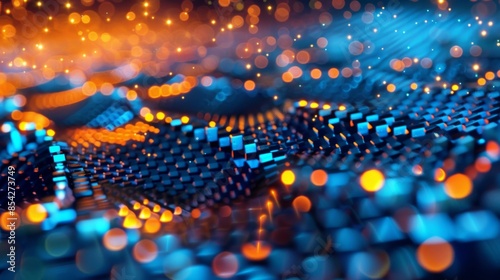 A snapshot of a QCD lattice simulation with particles arranged in a hexagonal pattern and colored according to their properties.