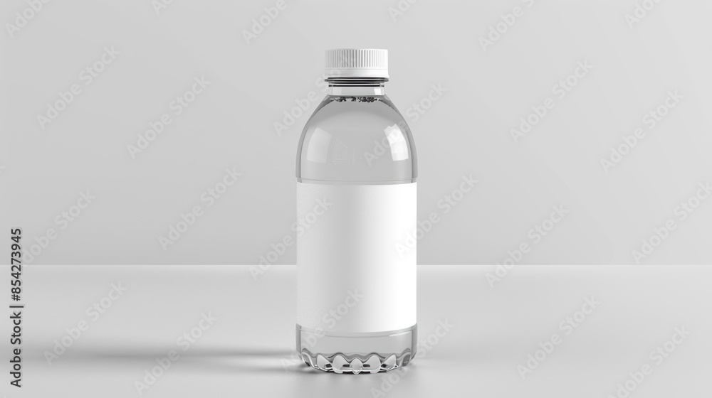 A blank, clear plastic water bottle with a white label, perfect for customization or branding, placed against a plain background. A blank, clear plastic water bottle with a white label, perfect for customization or branding, placed against a plain background.