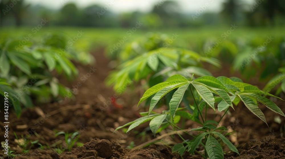 Cassava leaves on farmland with copy space in focus