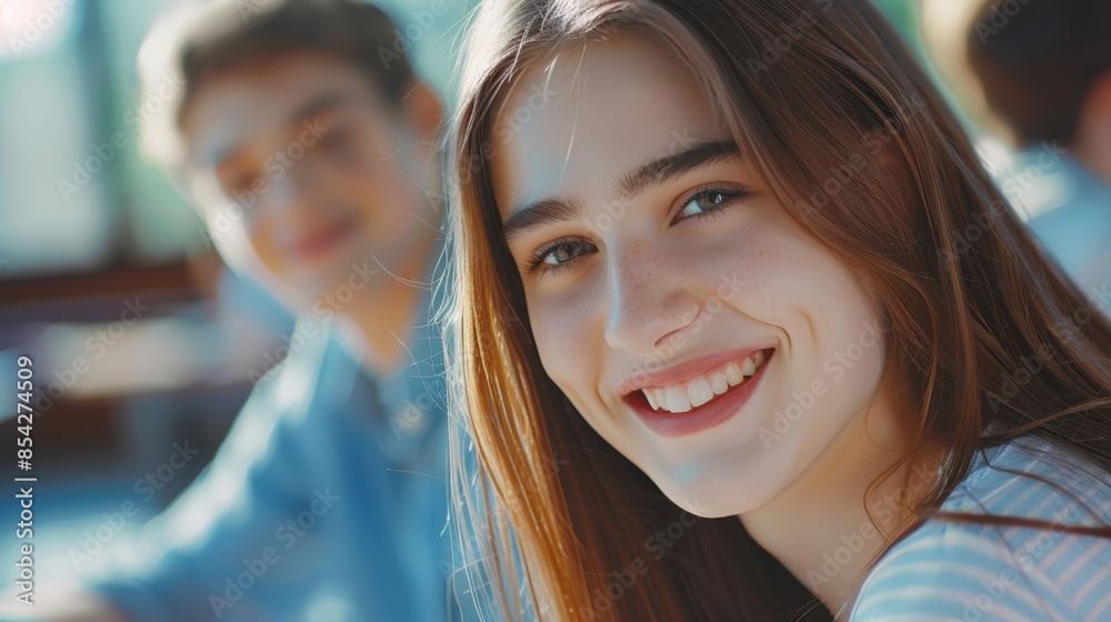 A teenage girl smiling brightly with friends in the background, capturing a joyful moment of friendship and happiness. A teenage girl smiling brightly with friends in the background, capturing a joyful moment of friendship and happiness.
