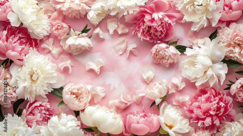 Beautiful arrangement of pink and white peonies on a pastel pink background, creating a soft and romantic floral scene. Beautiful arrangement of pink and white peonies on a pastel pink background, creating a soft and romantic floral scene.