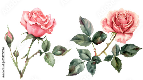 Watercolor pink rose flower clipart illustration and rose floral branch with green leaves on white background