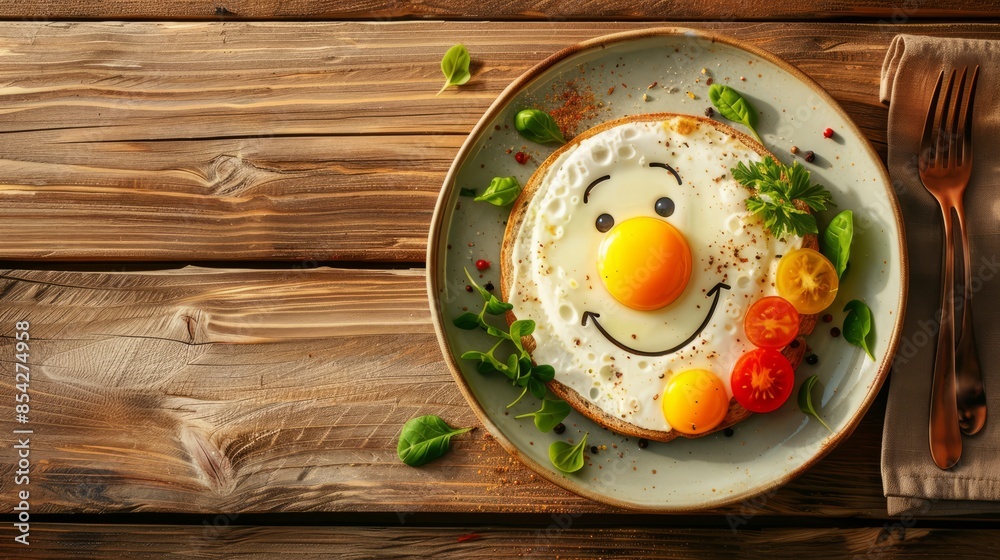 simple breakfast with smile face on dish, wooden background. copy space simple breakfast with smile face on dish, wooden background. copy space