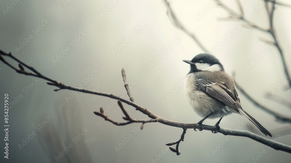 Bird perched on branch looking up into empty space