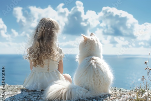 海を眺める少女に寄り添う白い猫の後ろ姿
