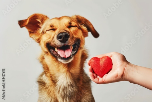 Blood donation for pets. Dog and red heart in human hand for dog smiling. Conceptual image of emergency help for animals, veterinary medicine, blood transfusion, animal rescue, pet insurance photo