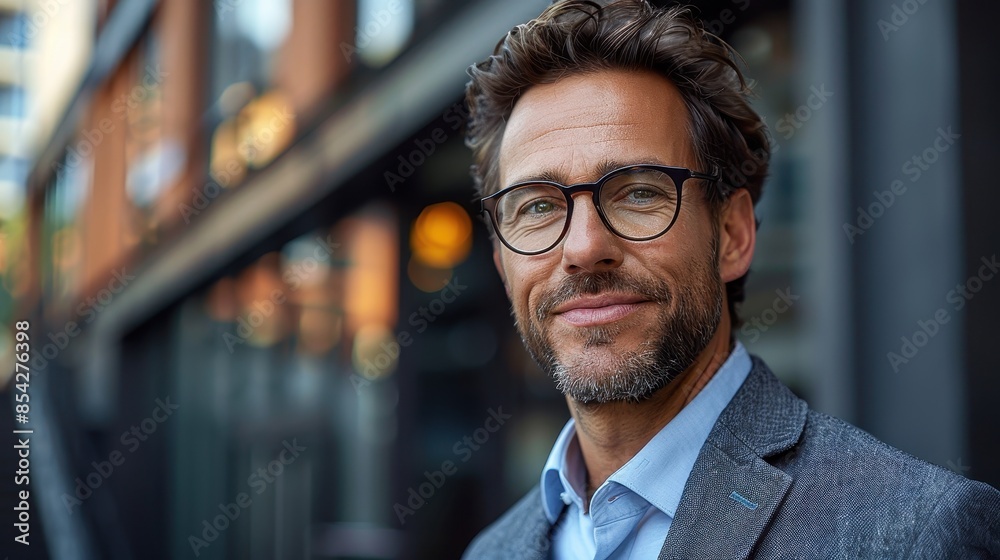 A charming man in eyeglasses and a casual suit smiling in front of softly blurred city lights at dusk A charming man in eyeglasses and a casual suit smiling in front of softly blurred city lights at dusk