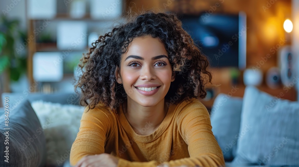 A content young woman with curly hair sitting comfortably at home, surrounded by stylish interior design elements A content young woman with curly hair sitting comfortably at home, surrounded by stylish interior design elements