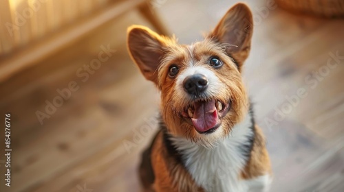 A close-up shot of an alert brown and white dog with large ears looking up towards the camera with a soft background