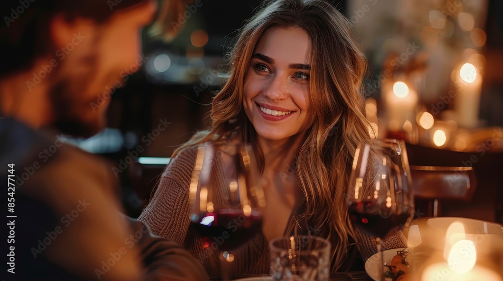 A smiling woman is seen enjoying a dinner with a companion in a warm, candlelit setting, with wine and good ambiance A smiling woman is seen enjoying a dinner with a companion in a warm, candlelit setting, with wine and good ambiance