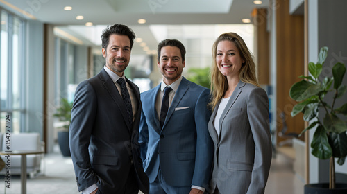 Three businesspeople in tailored suits stand confidently in a modern office, showcasing professionalism and teamwork. Soft lighting, sleek decor, and natural light enhance the polished atmosphere.