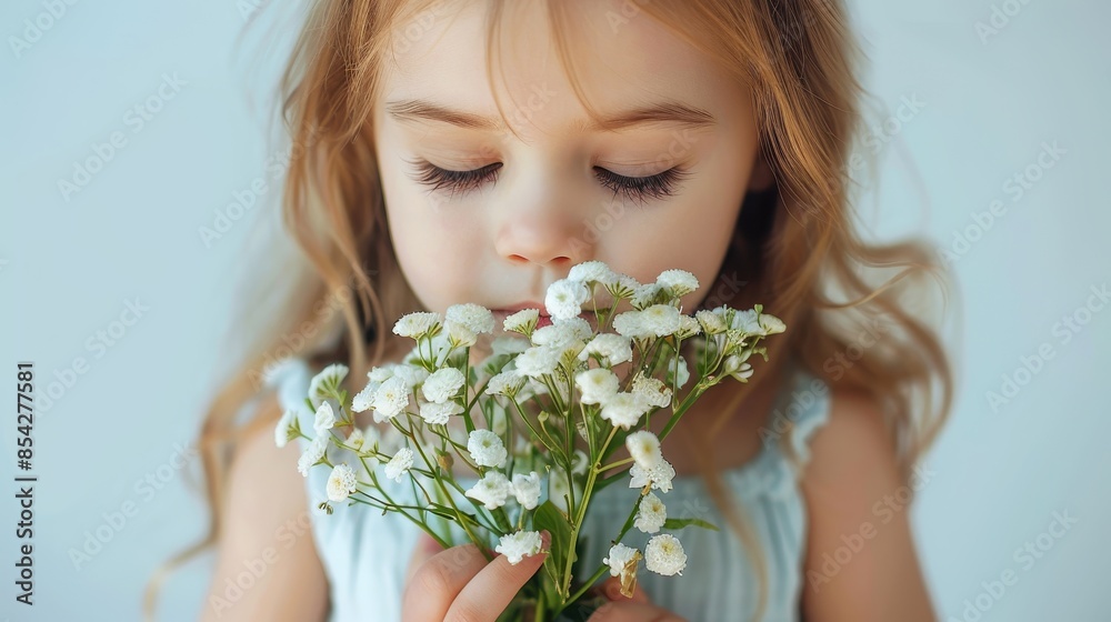 A sweet moment captured as a little girl holding a bouquet of white flowers, showcasing innocence and simplicity A sweet moment captured as a little girl holding a bouquet of white flowers, showcasing innocence and simplicity