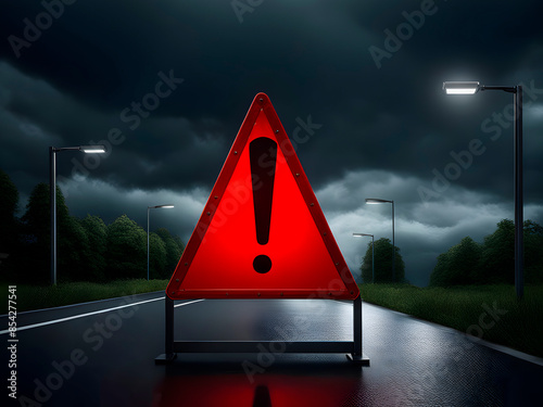 Realistic red caution warning sign for attention exclamation mark traffic sign by 3d render illustration. Generative AI
