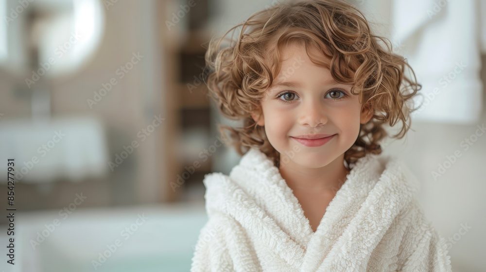 A happy child with curly hair smiles warmly while wearing a fluffy bathrobe, creating a cozy and comforting atmosphere at home.