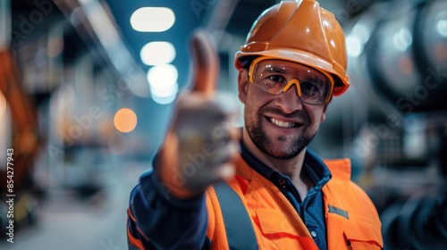 A cheerful construction worker in safety gear gives a thumbs up, symbolizing confidence and satisfaction in a well-done job.