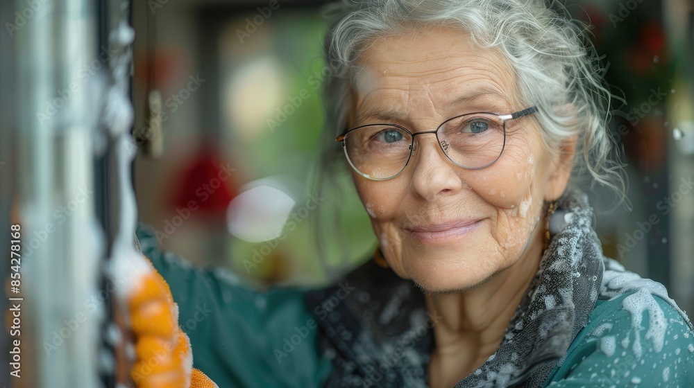 A happy elderly lady poses with an open umbrella inside, radiating positivity and joy near a window A happy elderly lady poses with an open umbrella inside, radiating positivity and joy near a window