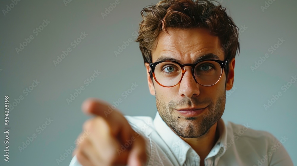 A man with glasses pointing to something A man with glasses pointing to something