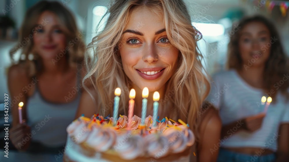 An excited young woman with a cake with friends in the background holding sparklers at a birthday party An excited young woman with a cake with friends in the background holding sparklers at a birthday party