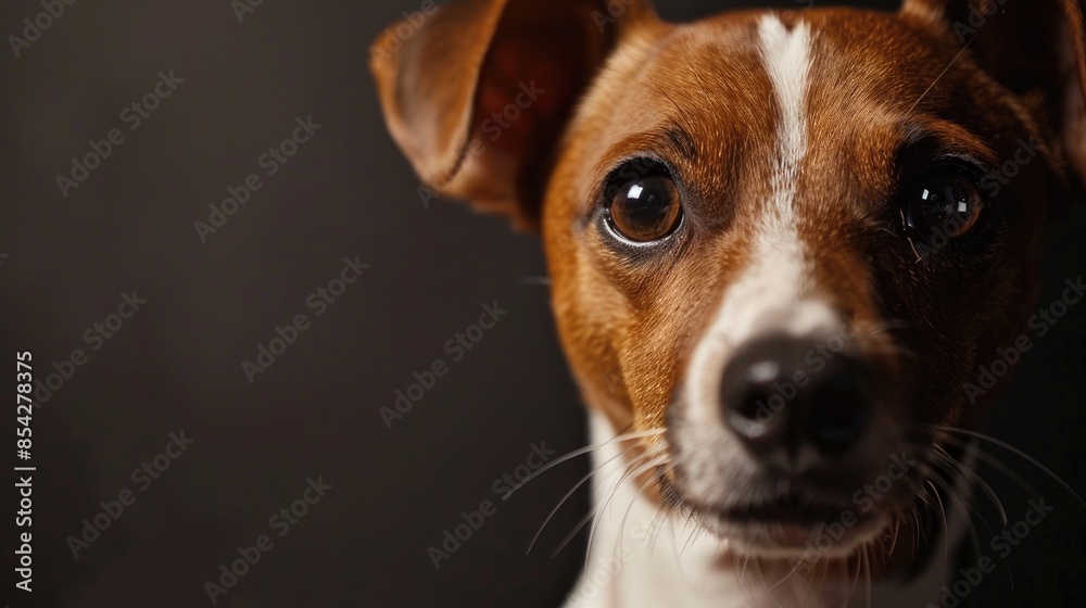 Brown and white American Rat Terrier with stunning clear eyes against a dark backdrop Brown and white American Rat Terrier with stunning clear eyes against a dark backdrop