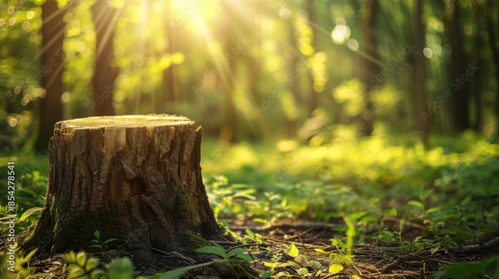 A sunlit tree stump sits amidst vibrant greenery in a lush forest, creating a tranquil and natural scene full of life. A sunlit tree stump sits amidst vibrant greenery in a lush forest, creating a tranquil and natural scene full of life.