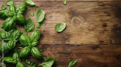 A wooden background with green leaves surrounding it.