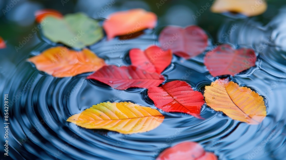 Vibrant autumn leaves in red, orange, and yellow floating on water, creating ripples and showcasing the essence of the fall season. Vibrant autumn leaves in red, orange, and yellow floating on water, creating ripples and showcasing the essence of the fall season.