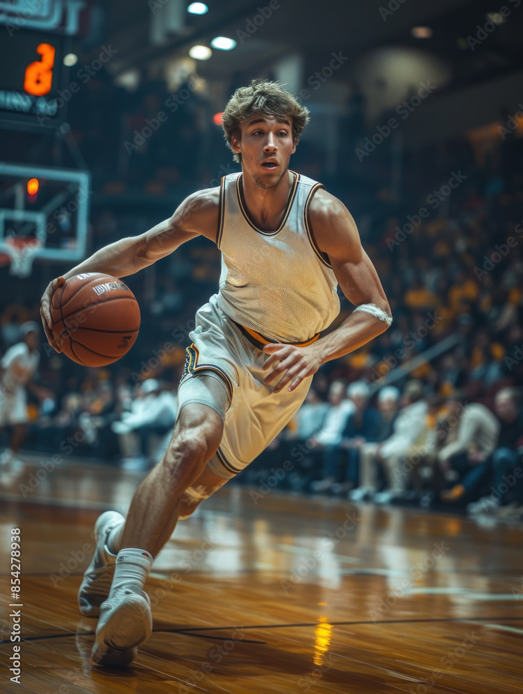 A basketball player with a Stills jersey on is holding a basketball.