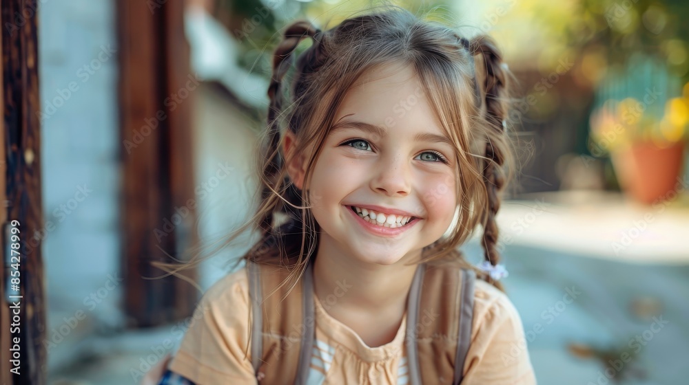 A delightful young girl grinning ear-to-ear, with a rustic urban background on a sunny day A delightful young girl grinning ear-to-ear, with a rustic urban background on a sunny day