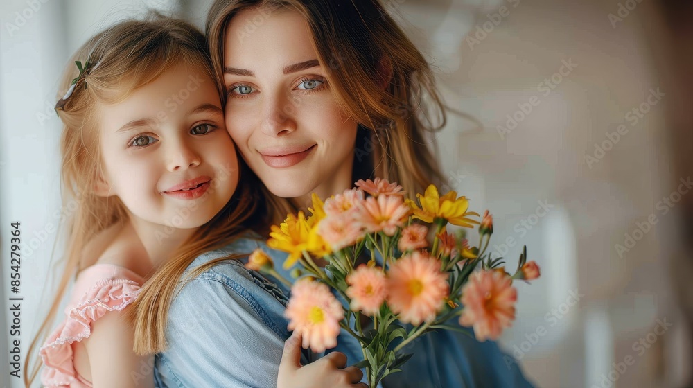 An affectionate embrace captured in a close-up as a mother hugs her daughter, both holding a bouquet of pink flowers An affectionate embrace captured in a close-up as a mother hugs her daughter, both holding a bouquet of pink flowers