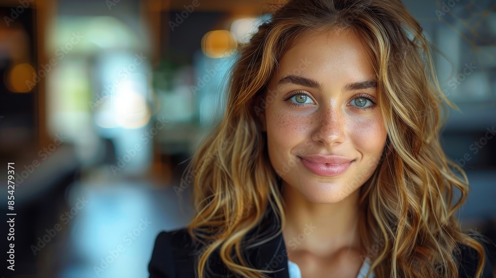 An informal portrait capturing a young woman with freckles and a relaxed smile in a naturally lit setting An informal portrait capturing a young woman with freckles and a relaxed smile in a naturally lit setting