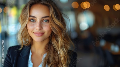 A stylish woman with alluring eyes and wavy blonde hair poses in a contemporary cafe environment