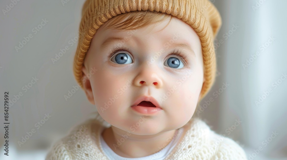 An attentive baby looks on curiously, showcasing stunning blue eyes and wearing a comfortable yellow hat An attentive baby looks on curiously, showcasing stunning blue eyes and wearing a comfortable yellow hat