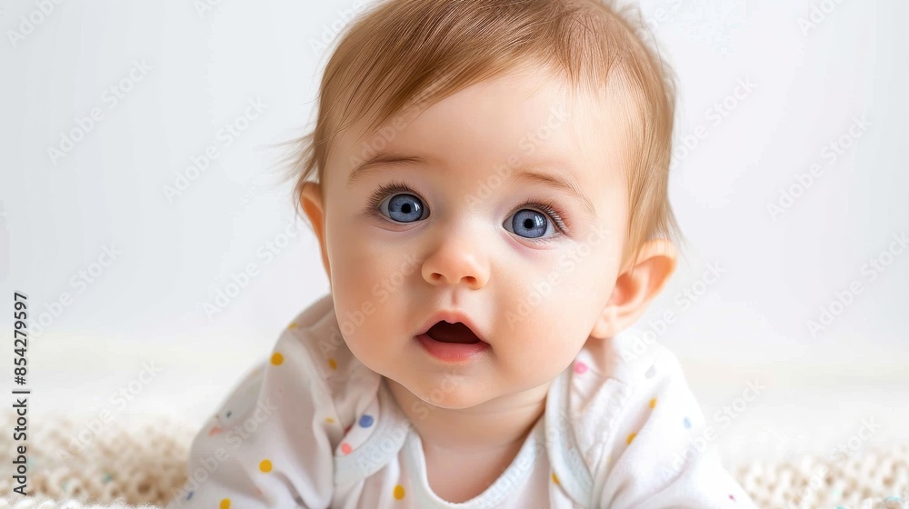 Image of a cute baby gazing upwards with large blue eyes and a subtle smile on a beige backdrop