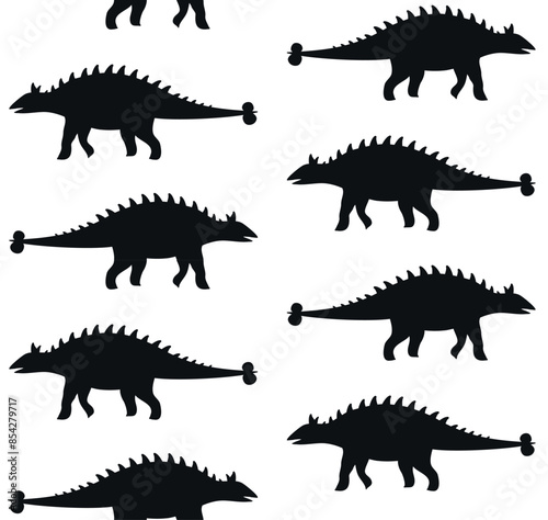 Vector seamless pattern of flat hand drawn ankylosaur dinosaur silhouette isolated on white background