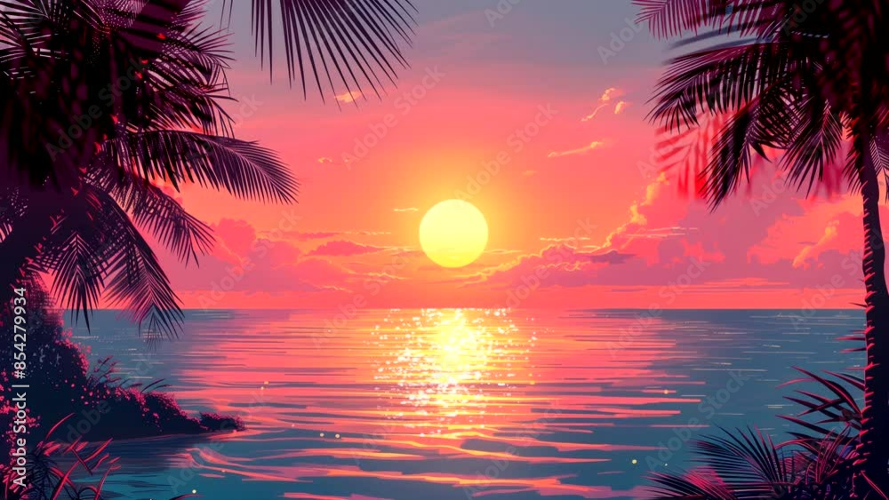 Seamless animated sunset over tropical beach in summer