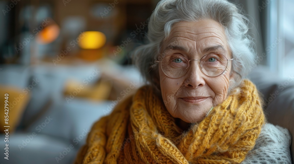 With a knowing smile and a comfortable yellow scarf, this senior lady embodies a sense of homeliness and wisdom With a knowing smile and a comfortable yellow scarf, this senior lady embodies a sense of homeliness and wisdom