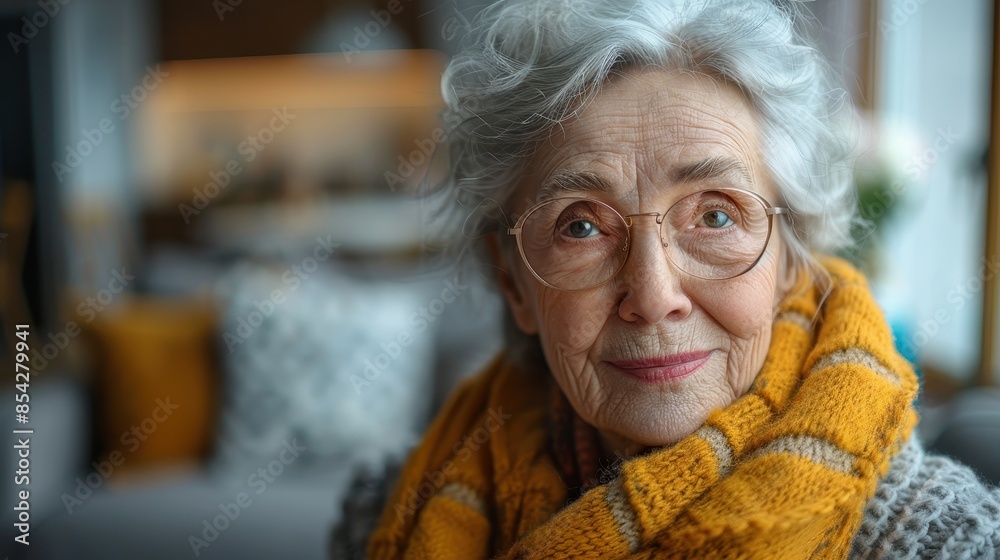 A close-up portrait of a serene elderly woman wearing stylish glasses and a yellow scarf, conveying wisdom and elegance A close-up portrait of a serene elderly woman wearing stylish glasses and a yellow scarf, conveying wisdom and elegance