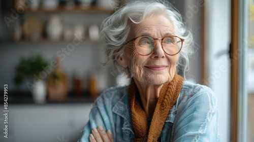 An optimistic elderly woman seen staring upwards, evoking hope and dreams with clarity through her trendy glasses