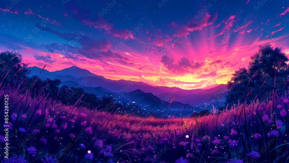 Sunset behind rolling hills with summer grass landscape. Seamless looping time-lapse animation background